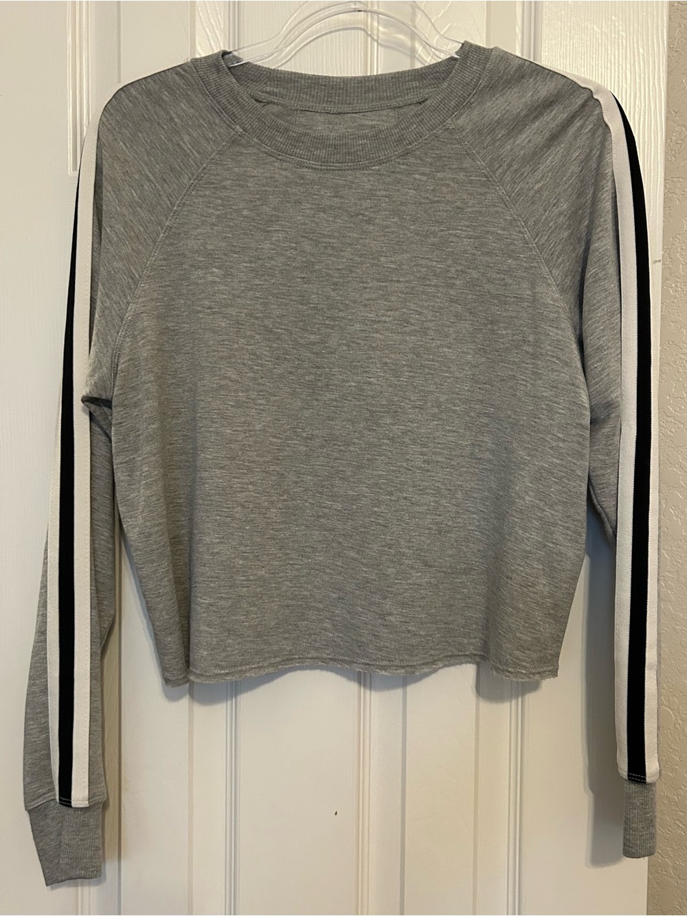 Splits59 Grey Cropped fleece Sweatshirt with Black & White Stripes Sleeves